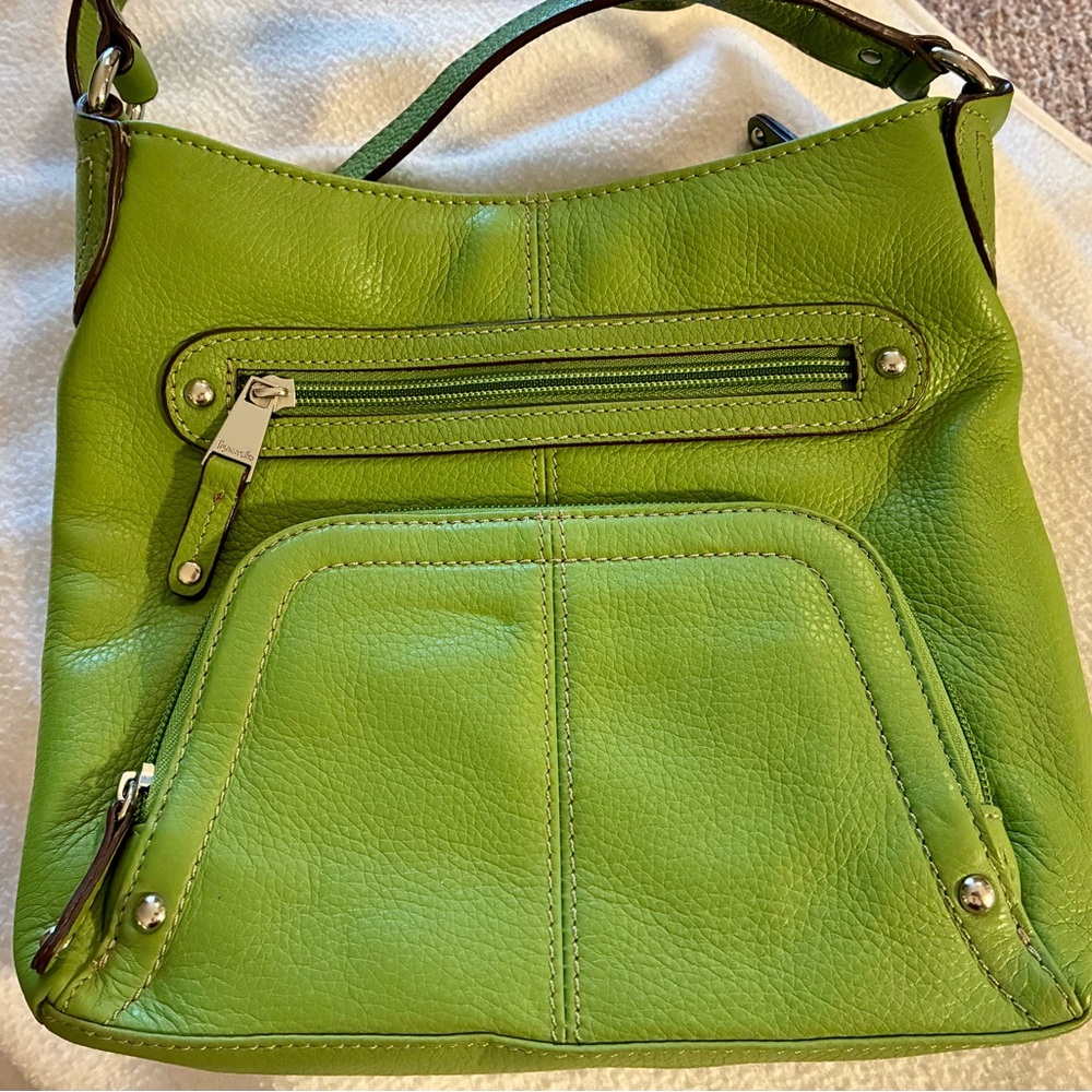 Tignanello Lime Green Pebbled Leather Crossbody Bag Adjustable Colorful EUC